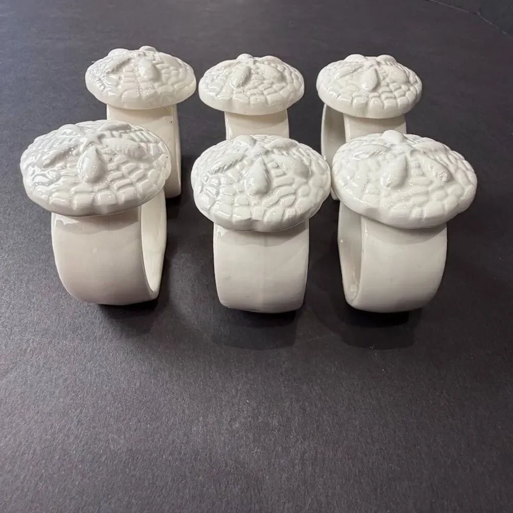 Set of 6 Vintage White Ceramic Sand Dollar Napkin Rings, Coastal Beach, EUC